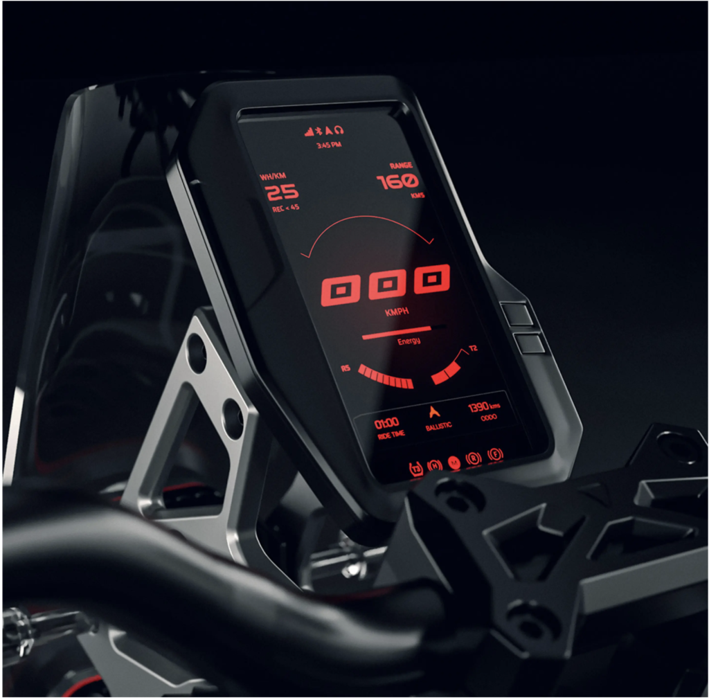 2)Command center on wheels—Shockwave’s vertically stacked LED headlamps and high-tech TFT display bring intelligence to every ride.Ultraviolette Shockwave.