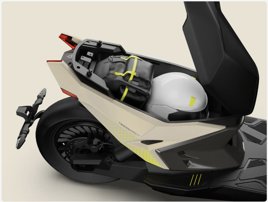 Spacious 34-liter under-seat storage in Ultraviolette Tesseract – fits a full-face helmet